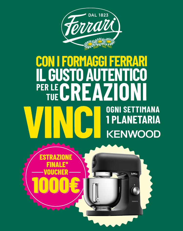 Immagine per smartphone col titolo della meccanica del Concorso Con Ferrari…è tutto un altro gusto Acquistando 1 prodotto coinvolto e prova a vincere ogni settimana una planetaria Kenvood e in estrazione finale un voucher da 1000€